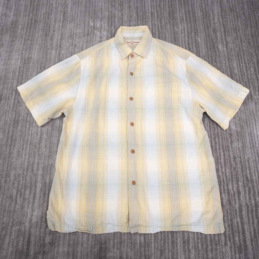 Tommy Bahama Shirt Mens Medium Yellow Good Plaid Tencel Cotton Short Sleeve